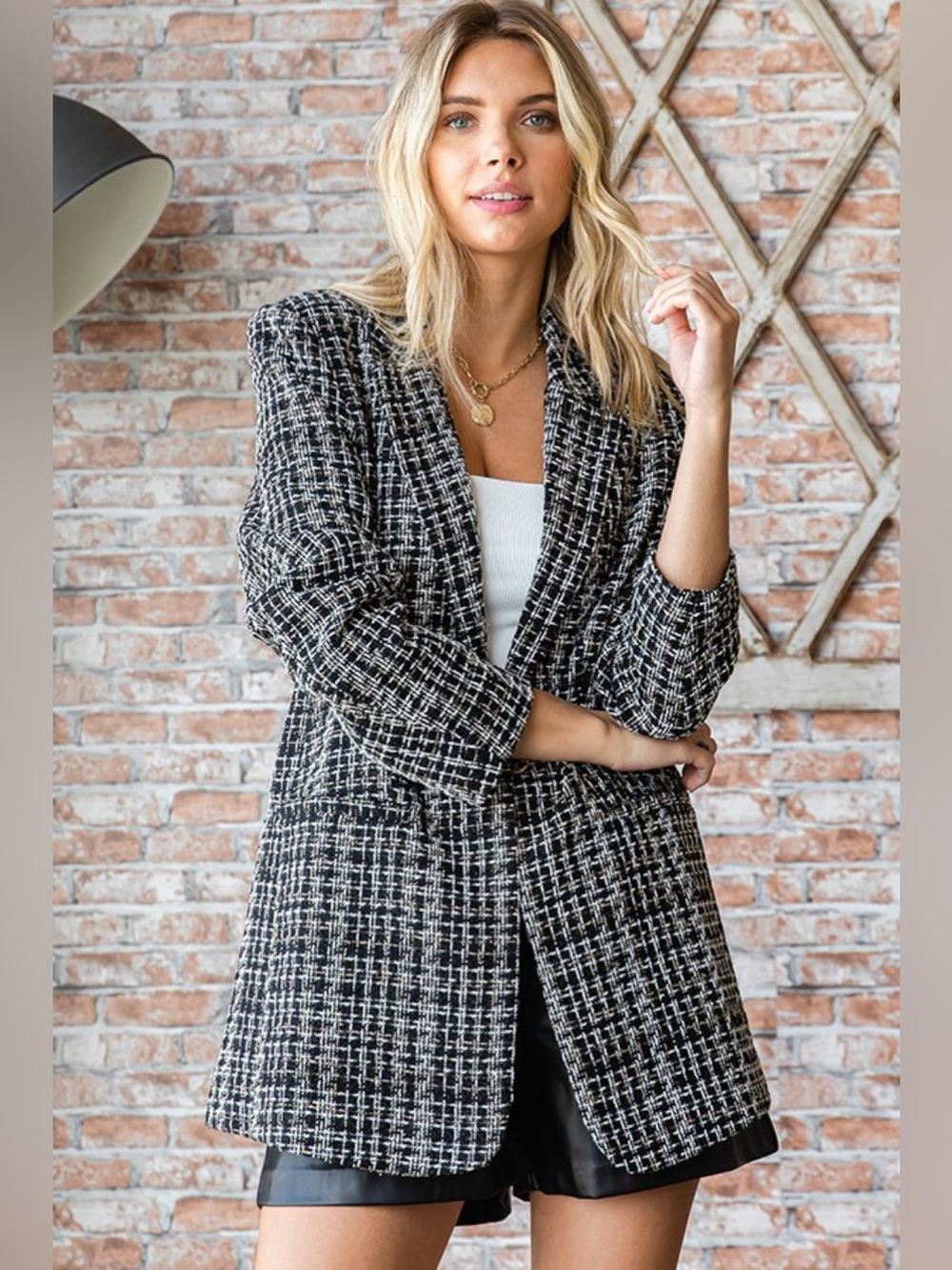 First Love Full Size Lurex Mixed Tweed One Button Blazer